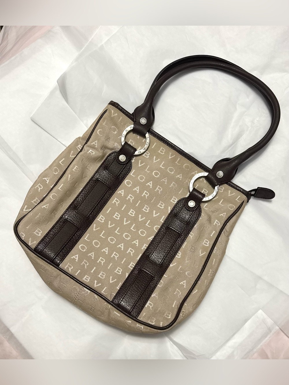 Bvlgari AUTHENTIC Vintage Logo Mania Tan & Brown Tote Shoulder Bag Bulgari - Picture 5 of 16